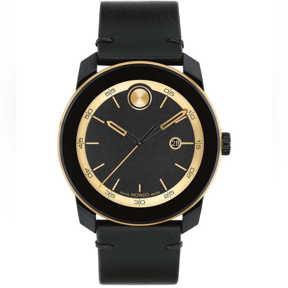 Brand New- Authentic MOVADO Bold TR90 watch Swiss Quartz Black Leather 42mm